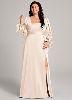 Azazie Leonia Bridesmaid Dresses White Alabaster A-Line Long Sleeve Stretch Satin Dress image10