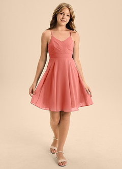 Azazie Avelina Junior Salmon Pink A-Line Pleated Chiffon Dress image3