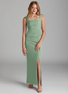 Azazie Jesaphine Junior Matcha Sheath Pleated Mesh Dress image1