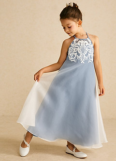 Azazie Ladybug Robe Demoiselle D'honneur Fillette Robe Trapèze en Organza Dentelle Bleu Poussiéreux image1
