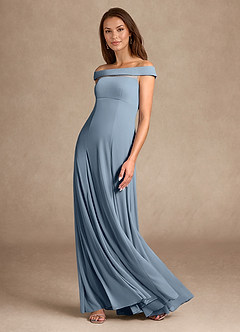 Azazie Ewa Mère de la mariée Robes Robe Trapèze en Maille Épaule décolletée Bleu Poussiéreux image6