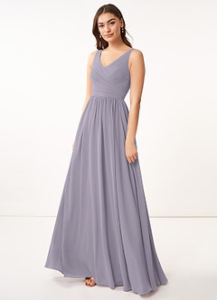 Azazie Keyla Robes de demoiselle d'honneur Robe Trapèze en Mousseline de soie Col V plissé Brume image14