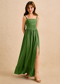 Azazie Maisie Girls Formal Abiti da Ragazza di Fiori Abito A-Line in Raso Elasticizzato Drappeggiato Basilico image3