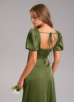 Azazie Fyona Bridesmaid Dresses Olive A-Line Pleated Stretch Satin Dress image7