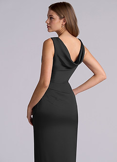 Azazie Kali At-home Try On Dresses Black Sheath Pleated Stretch Satin Dress image2
