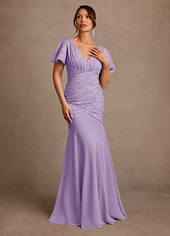 Azazie Jolene Mother of the Bride Dresses Lilac Mermaid Pleated Floral Burnout Dress image4