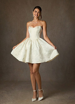 Azazie Demetrius At-home Try On Dresses Antique White A-Line Strapless Floral Jacquard Dress image5