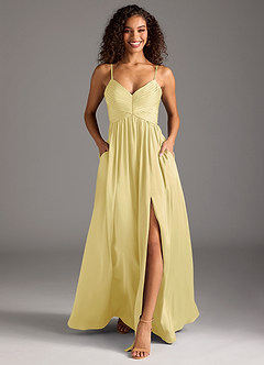 Azazie Alia Bridesmaid Dresses Lemon Sorbet A-Line Pleated Stretch Satin Dress image5