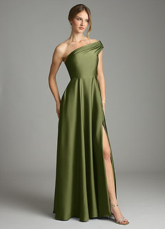 Azazie Melanie Bridesmaid Dresses Olive A-Line Off the Shoulder Stretch Satin Dress image5