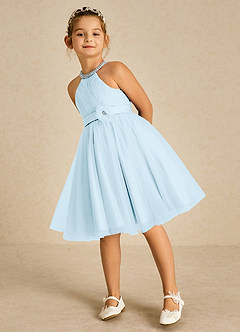 Azazie Honey Flower Girl Dresses Sky Blue A-Line Beaded Matte Satin Dress image5