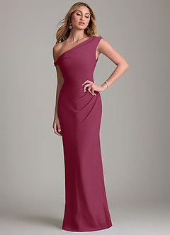 Azazie Emerson Bridesmaid Dresses Mulberry Sheath Off the Shoulder Chiffon Dress image1