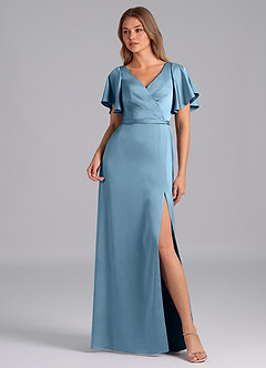 Azazie Ambrosia Jurken voor bruidsmeisjes Jurk van Stretch Satijn met A-Lijn Geplooid Staal Blauw image1