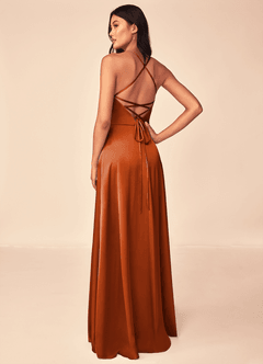 Azazie Mei Bridesmaid Dresses Burnt Orange A-Line V-Neck Stretch Satin Dress image3