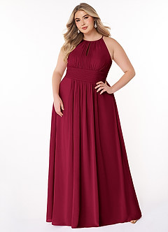 Azazie Bonnie Bridesmaid Dresses Burgundy A-Line Keyhole Ruched Chiffon Dress image1