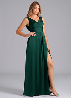 Azazie Karina Bridesmaid Dresses Emerald A-Line Pleated Stretch Satin Dress image5