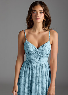 Azazie Zeya Abiti da Damigella Abito A-Line in Chiffon con Scollo a V a Pieghe Blue Fern Floral image5