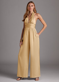 Azazie Oli Bridesmaid Dresses Gold Pleated Stretch Satin Jumpsuit image4