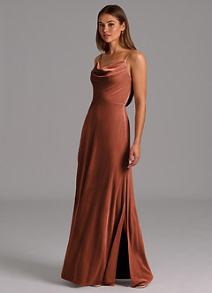 Azazie Olaine Final Sale Terracotta A-Line Pleated Velvet Dress image4
