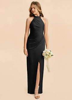 Azazie Jemma Junior Black Sheath Ruched Stretch Satin Dress image3