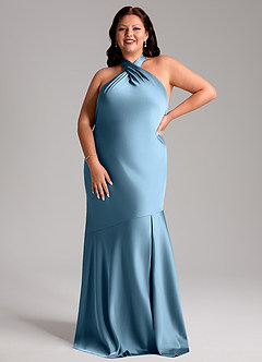 Azazie Lorena Bridesmaid Dresses Steel Blue Mermaid Pleated Stretch Satin Dress image7