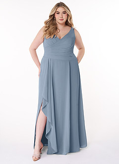 Azazie Kori Bridesmaid Dresses Dusty Blue A-Line Pleated Chiffon Dress image6