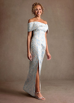 Azazie Zion Mother of the Bride Dresses Dusty Blue Sheath Off the Shoulder Floral Jacquard Dress image3