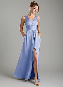 Azazie Karina Bridesmaid Dresses Ice A-Line Pleated Stretch Satin Dress image1