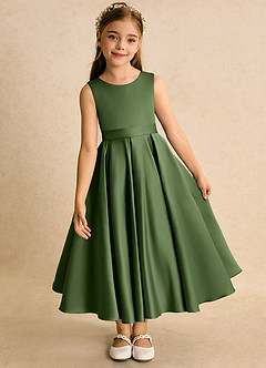 Azazie Junebuj Robe Demoiselle D'honneur Fillette Robe Princesse en Mat Satiné Plissée Olive image6