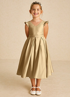 Azazie Francine Flower Girl Dresses Gold A-Line Bow Matte Satin Dress image2