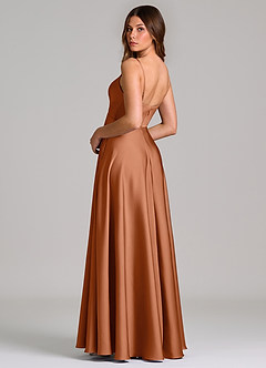 Azazie Amani Bridesmaid Dresses Copper A-Line Pleated Stretch Satin Dress image2
