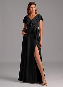 Azazie Lainey At-home Try On Dresses Black A-Line Ruched Velvet Dress image1