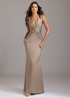 Azazie Valerie Bridesmaid Dresses Taupe Mermaid Pleated Stretch Satin Dress image1