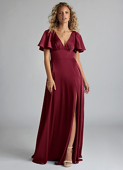 Azazie Kimber Bridesmaid Dresses Burgundy A-Line Ruched Stretch Satin Dress image9