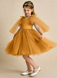 Azazie Duchess Flower Girl Dresses Butterscotch A-Line with Sleeves Tulle Dress image4