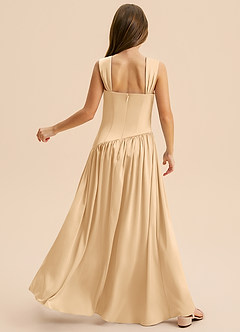 Azazie Dotty Junior Vestido Ouro de Cetim elástico de Linha A com Plissado image2