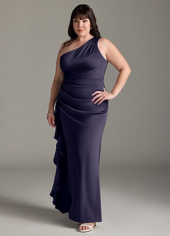 Azazie Latrice Bridesmaid Dresses Stormy Sheath One Shoulder Cascading Ruffles Stretch Satin Dress image8