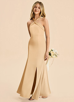 Azazie Rue Junior Gold Mermaid Pleated Stretch Satin Dress image3