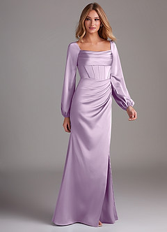 Azazie Charissa Bridesmaid Dresses Frosted Lilac Sheath Long Sleeve Stretch Satin Dress image6