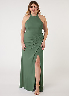 Azazie Galicia Vestidos de damas de honor Vestido de Eucalipto de Chifón elástico de Corte Sirena con Halter Plisado image5