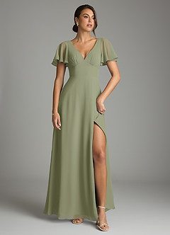 Azazie Kimber Vestidos de damas de honor Vestido de Pistacho de Gasa de Corte en A con Manga volante image2