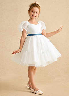 Azazie Debbie vestidos de niña de las flores Vestido de Marfil Azul Acero de Organza de Princesa con Escote de Corazón image4