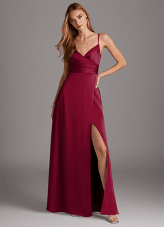 Azazie Calissa Final Sale Burgundy A-Line V-Neck Pleated Stretch Satin Dress image3