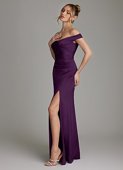 Azazie Teyana Bridesmaid Dresses Grape Sheath Off the Shoulder Stretch Satin Dress image6
