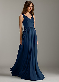Azazie Keyla Vestidos de damas de honor Vestido de Azul Marino Oscuro de Satén Elástico de Corte en A con Plisado image1