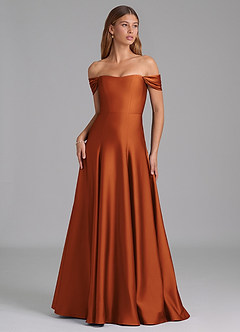 Azazie Seriana Bridesmaid Dresses Cinnamon A-Line Off the Shoulder Stretch Satin Convertible Dress image1