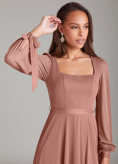 Azazie Leonia Bridesmaid Dresses Cedar Rose A-Line Long Sleeve Mesh Dress image5