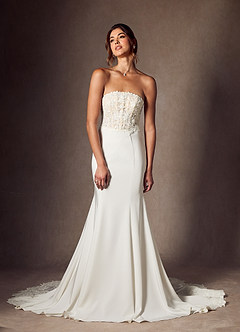 Azazie Lewena Wedding Dresses Diamond White Champagne Mermaid Lace Crepe Back Satin Dress image2