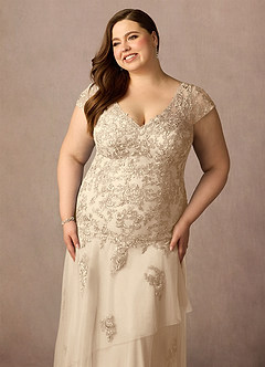 Azazie Romy Mother of the Bride Dresses Champagne Mermaid V-Neck Sequins Tulle Dress image11