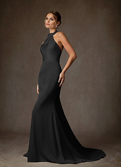 Azazie Tulipa Wedding Dresses Black Sheath High Neck Stretch Satin Dress image3