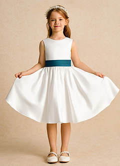 Azazie Sosie Flower Girl Dresses Ivory Ink Blue A-Line Pleated Matte Satin Dress image2